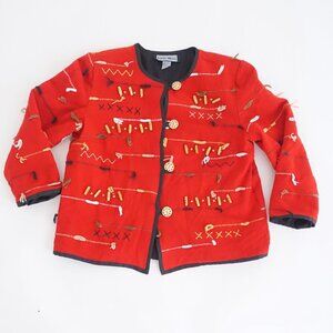 Vintage Indigo Moon Red 100% Cotton Beaded Embroidered Button Up Jacket M